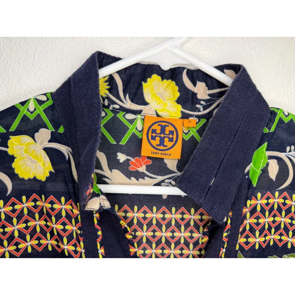 Tory Burch Women Sz 12 Navy Green Floral Medallion Tunic Side Zip Cotton Top